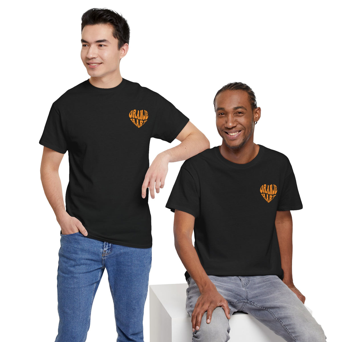 2 heren oversized T-shirts zwart met kleine oranje borstprint en ronde hals