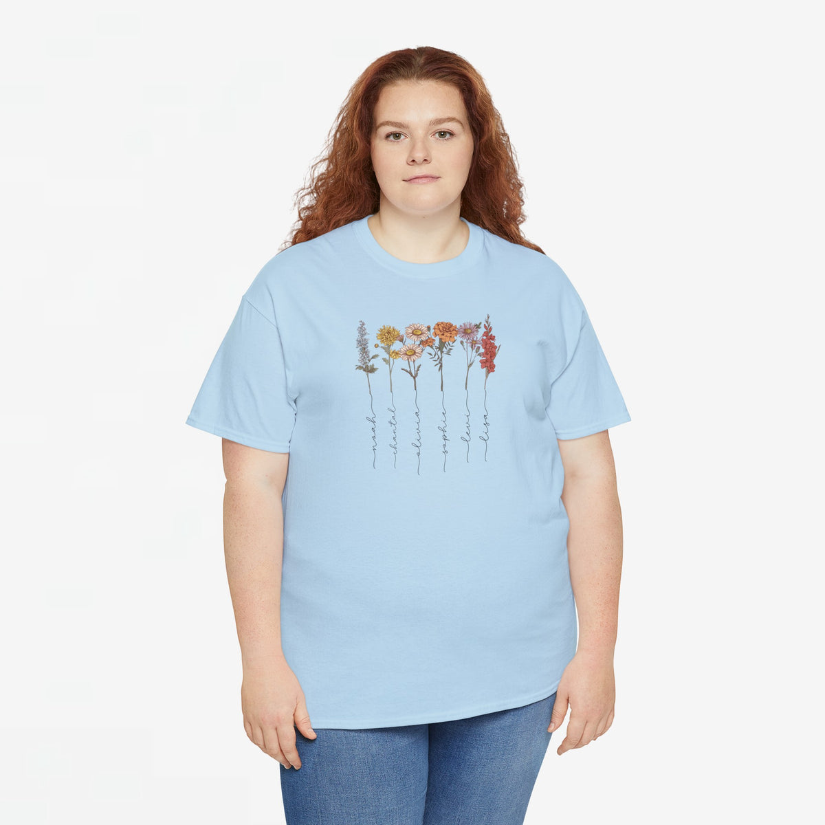 Lichtblauw T-shirt met ronde hals en bloemenprint, losvallend