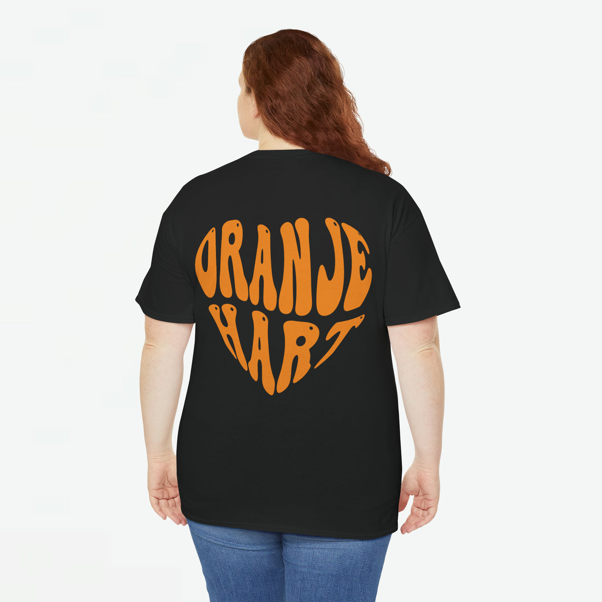 Oversized Koningsdag T-shirt voor dames, zwarte stof met grote achterprint "ORANJE".