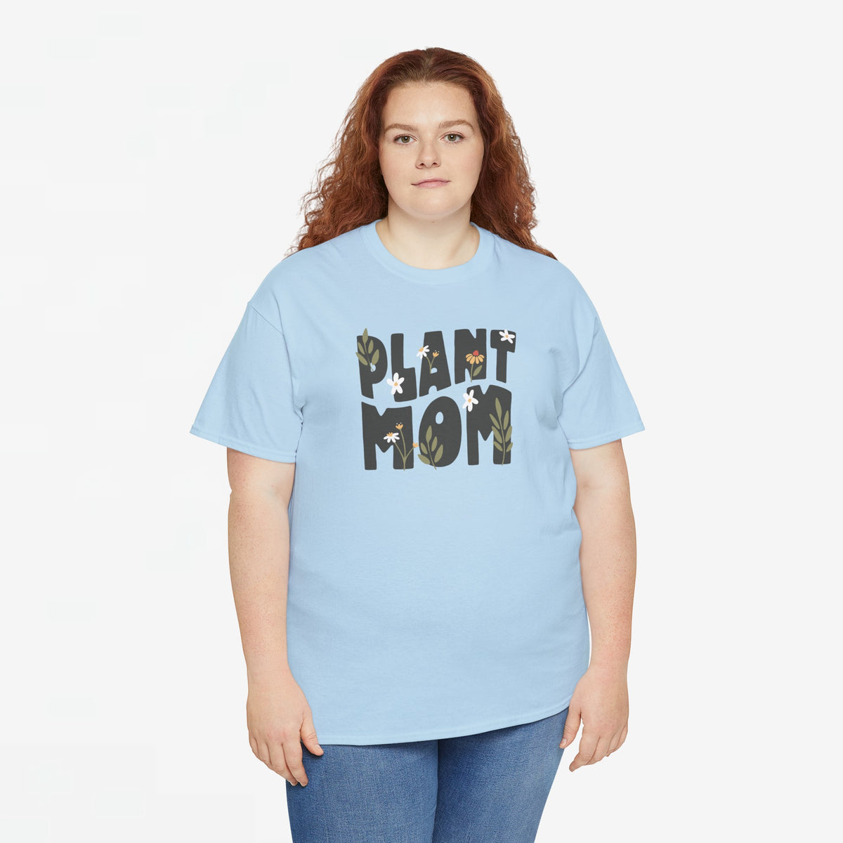 Oversized lichtblauw t-shirt met 'Plant Mom' plantenprint op de borst.