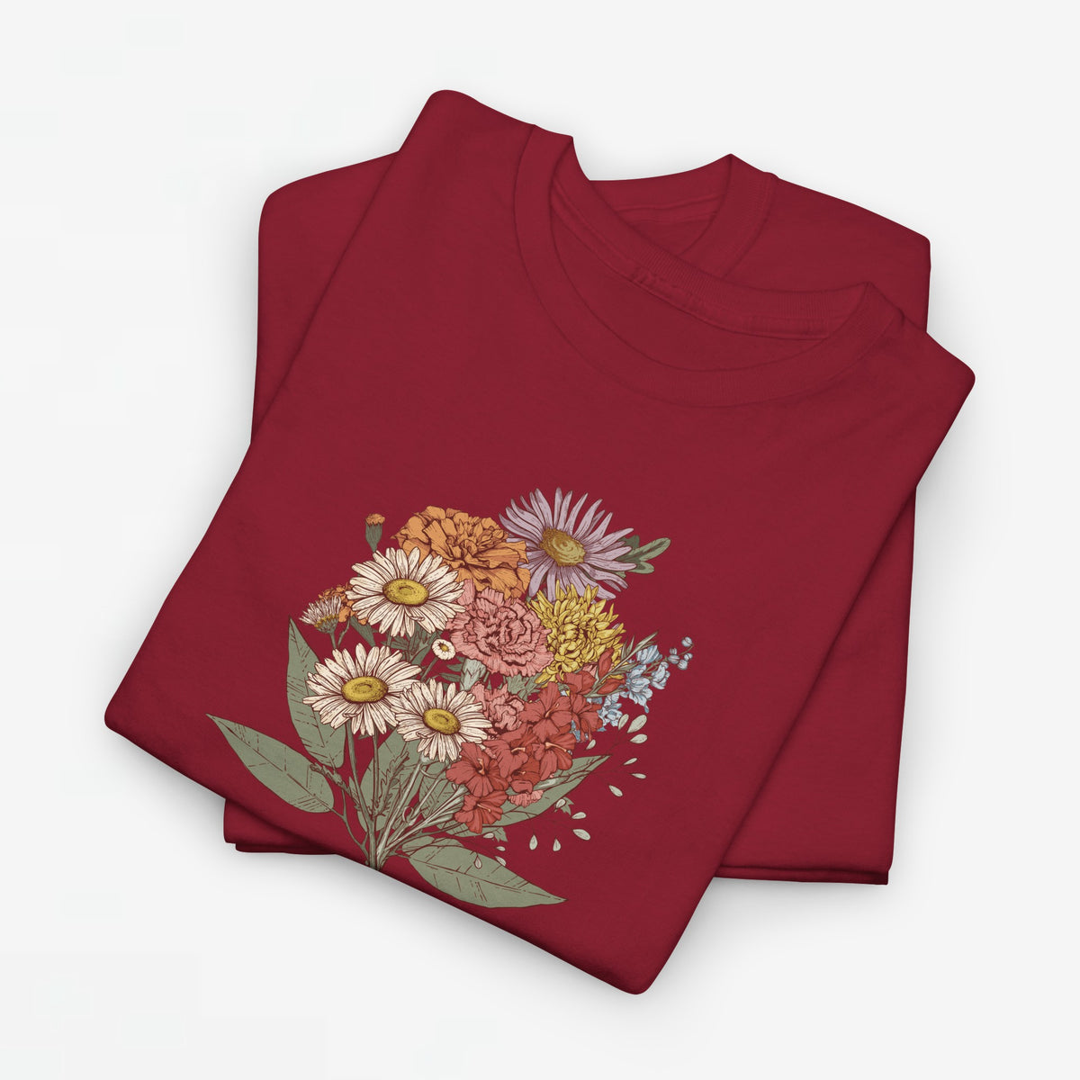 Bordeauxrode T-shirt met bloemenboeketprint op de borst