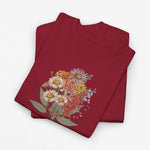 Bordeauxrode T-shirt met bloemenboeketprint op de borst