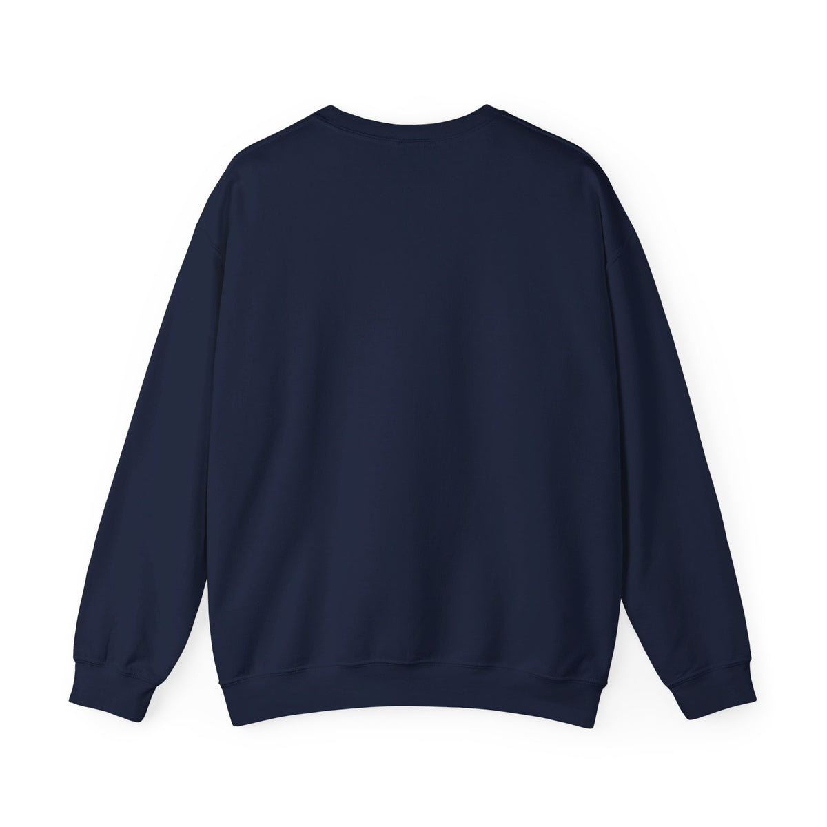 Donkerblauwe sweater met ronde hals, zonder zichtbare print (achterkant)