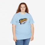 Lichtblauwe oversized T-shirt met 'Super Mama' borstprint en ronde hals.