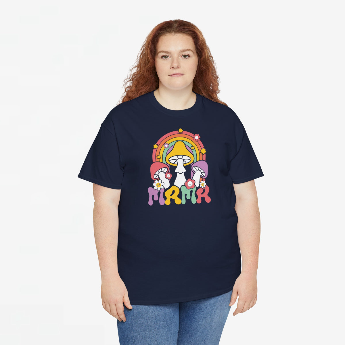 Oversized navy T-shirt met regenboog-paddenstoelprint op de borst