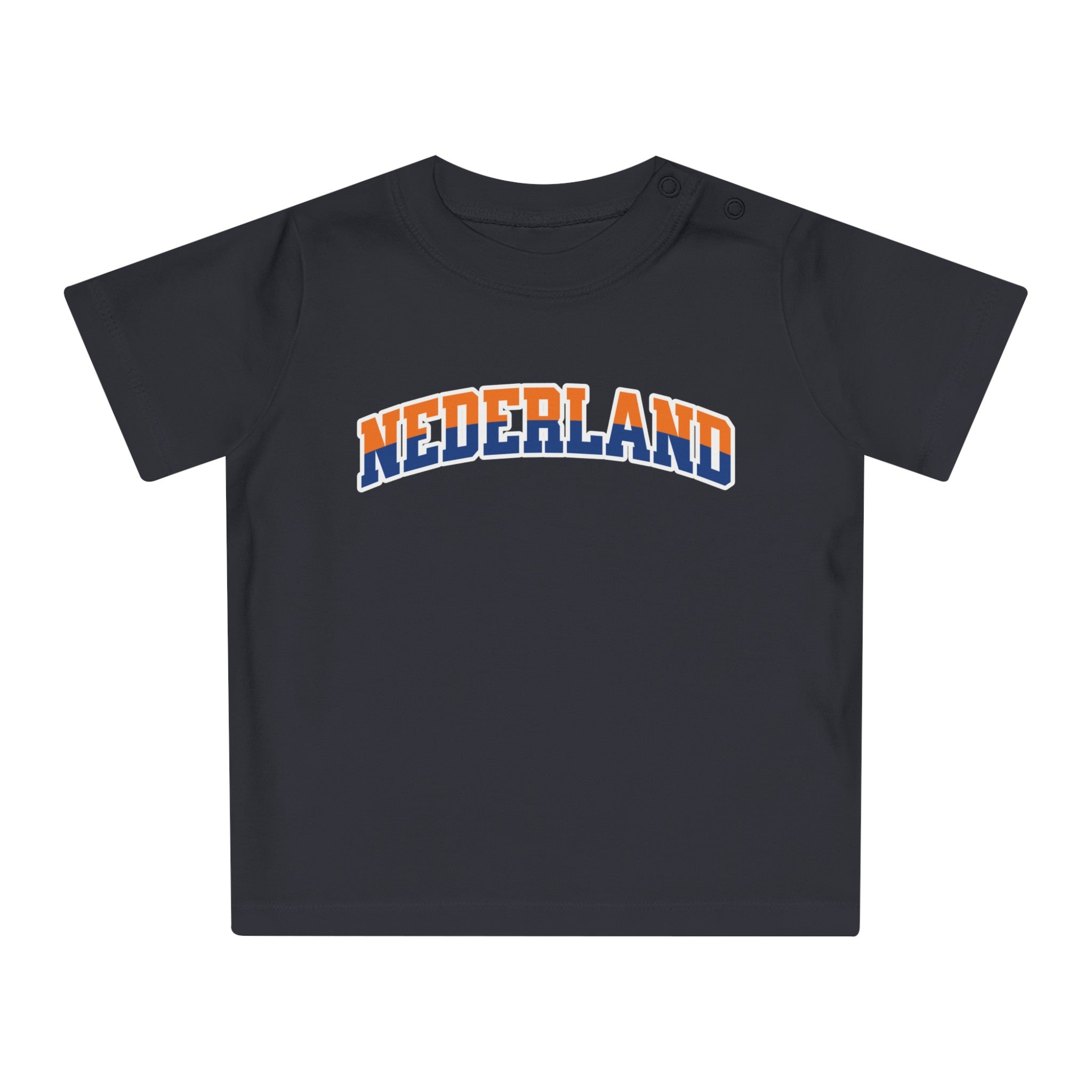 Baby T-shirt voor EK, WK en Koningsdag - NEDERLAND - oranje en blauwe tekst