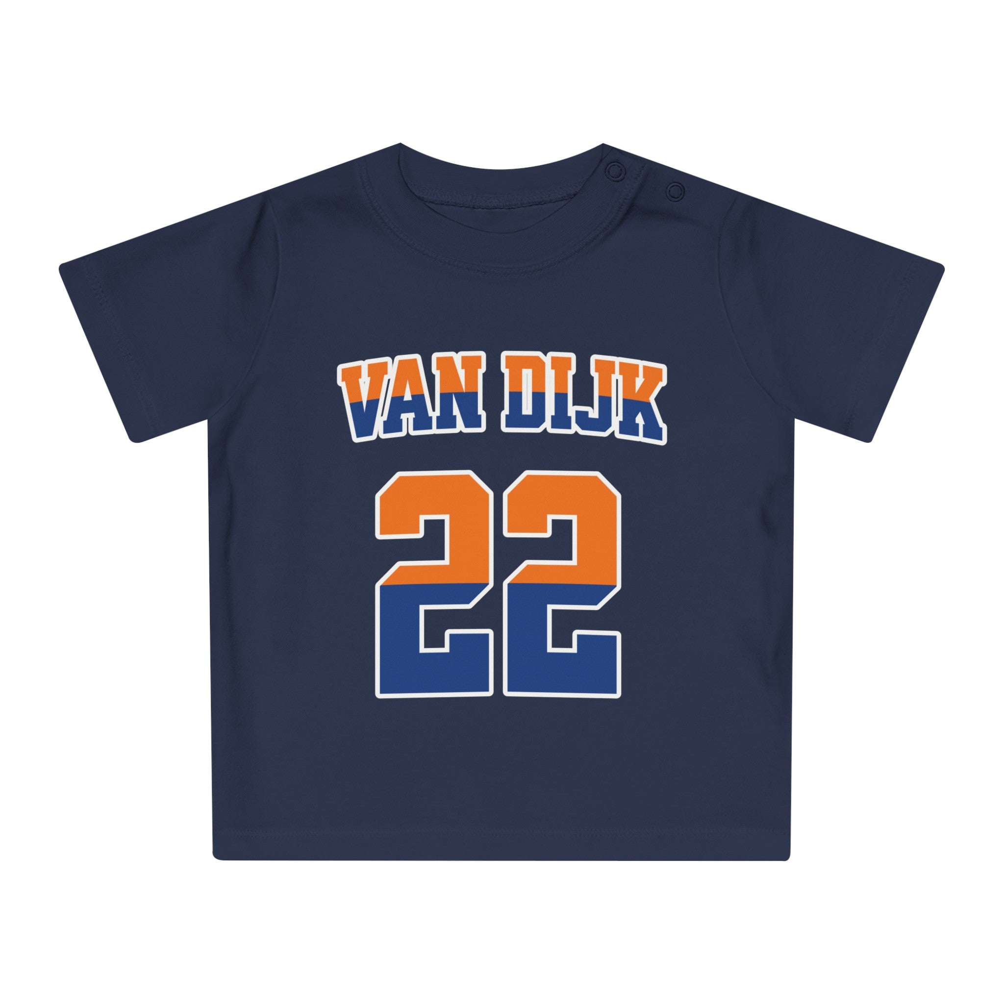Baby T-shirt voor EK, WK en Koningsdag - Personaliseer met Naam & Rugnummer - oranje en blauwe tekst (Voorkant)