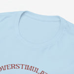 Detail van lichtblauw T-shirt: ronde halsboord en gedeeltelijke borstprint.