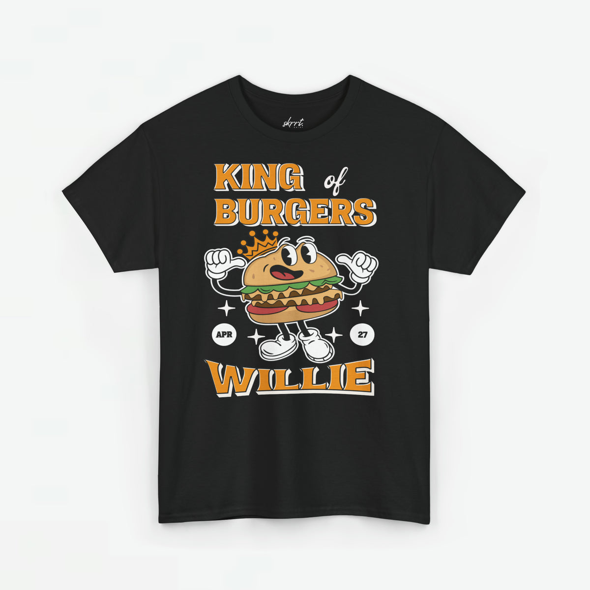 Zwart T-shirt met frontprint van burgerfiguur en tekst 'KING of BURGERS' 'WILLIE'