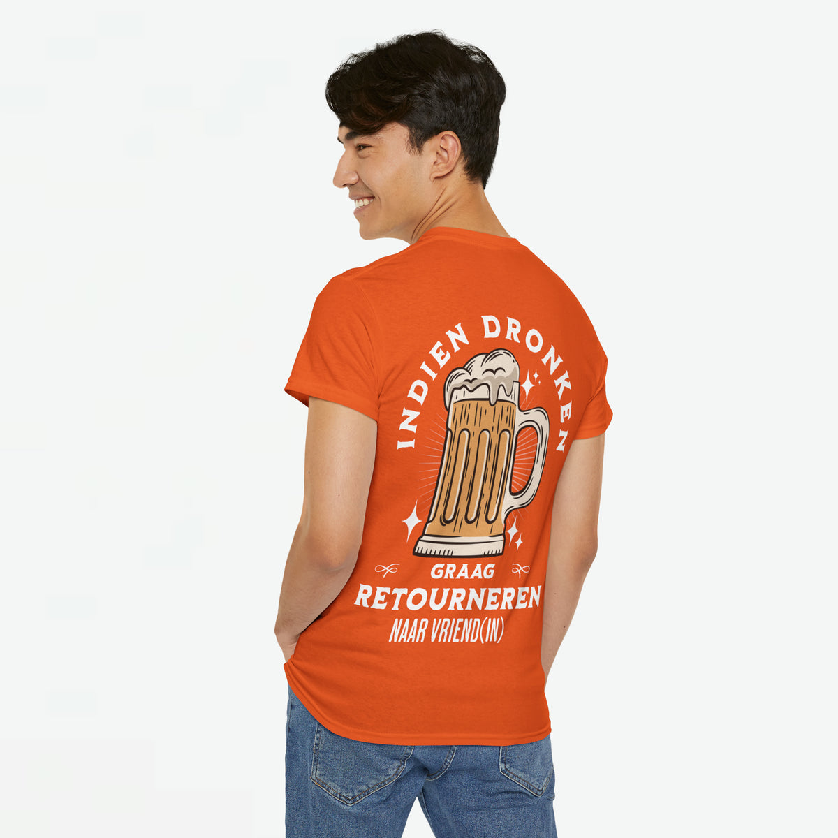 Oranje heren T-shirt met grote backprint van biersymbool en tekst