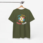 Olijfgroen T-shirt met ronde hals en bloem- en tekstprint 'MOMS CLUB' op de borst