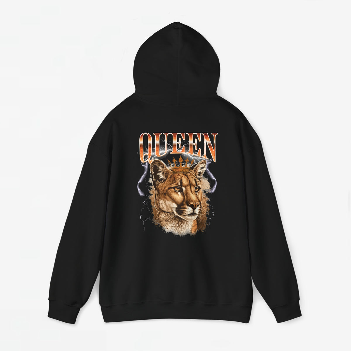 Zwarte hoodie met capuchon en achterprint met tekst QUEEN en leeuwenkop