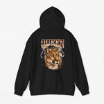 Zwarte hoodie met capuchon en achterprint met tekst QUEEN en leeuwenkop