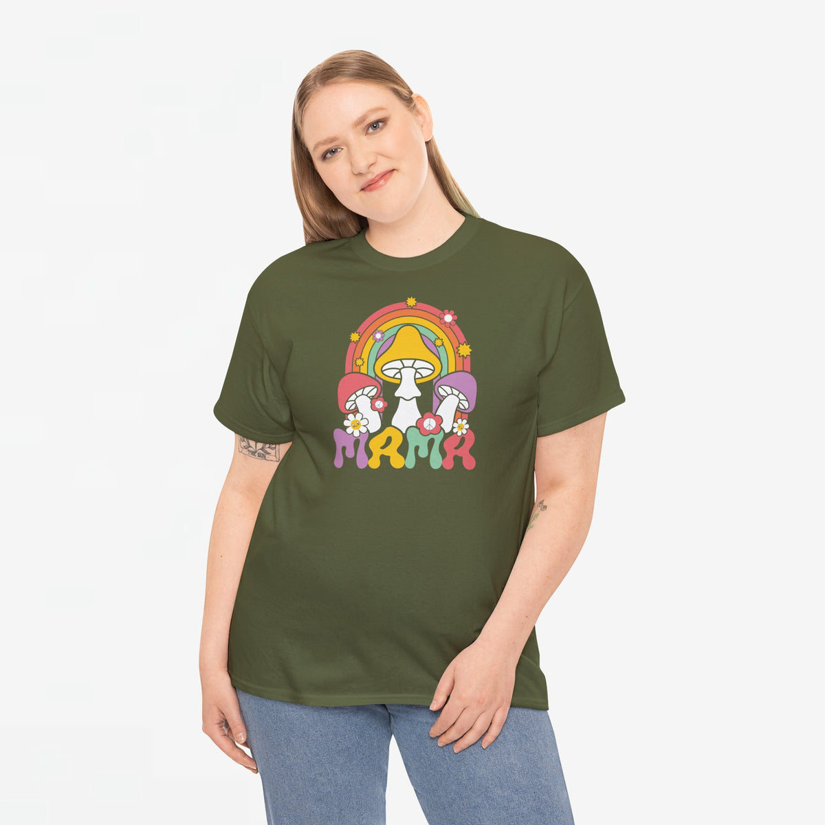 Oversized t-shirt legergroen met regenboog-paddenstoelprint en bloemen