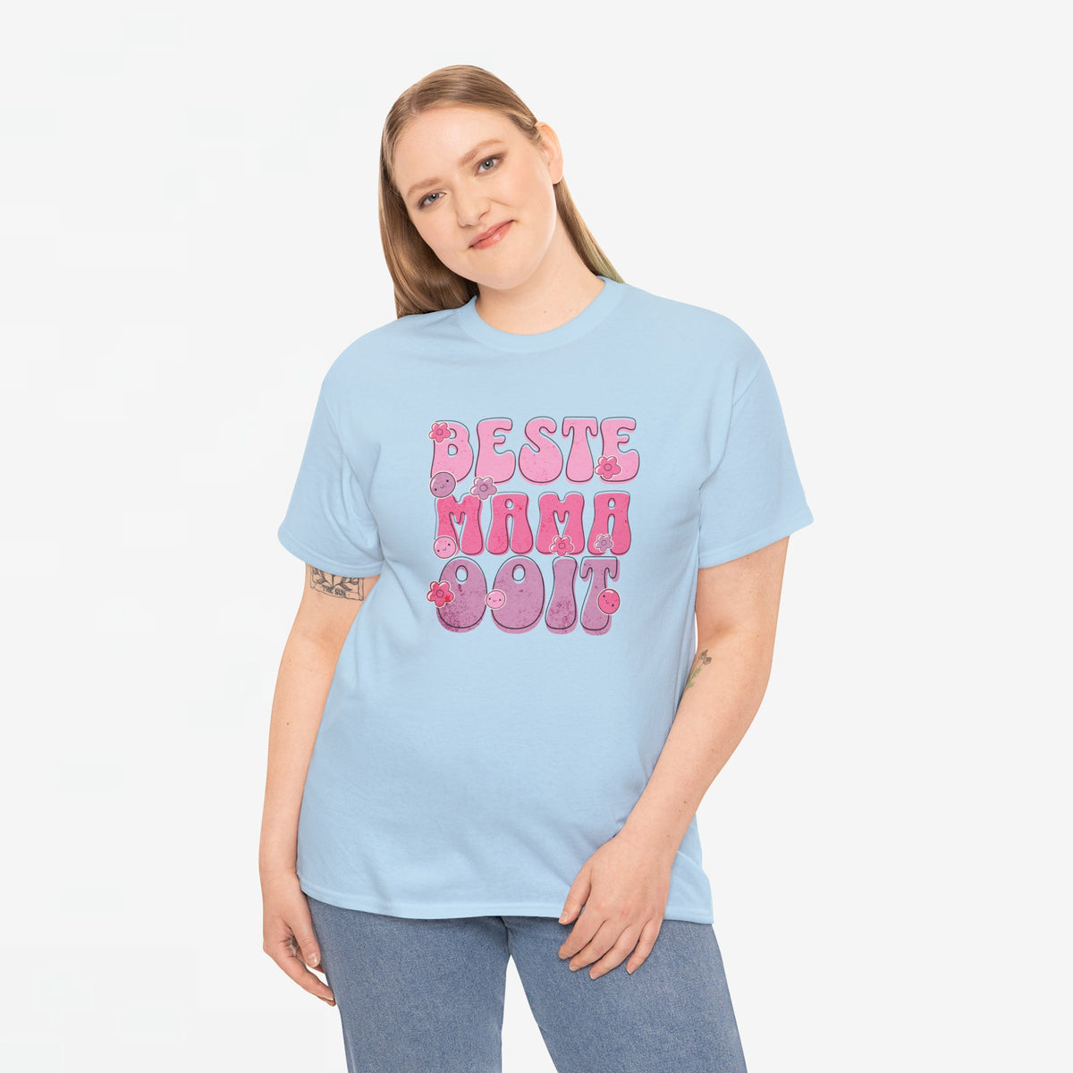 Lichtblauw oversized T-shirt met ronde hals en roze print "BESTE MAMA Ooit"