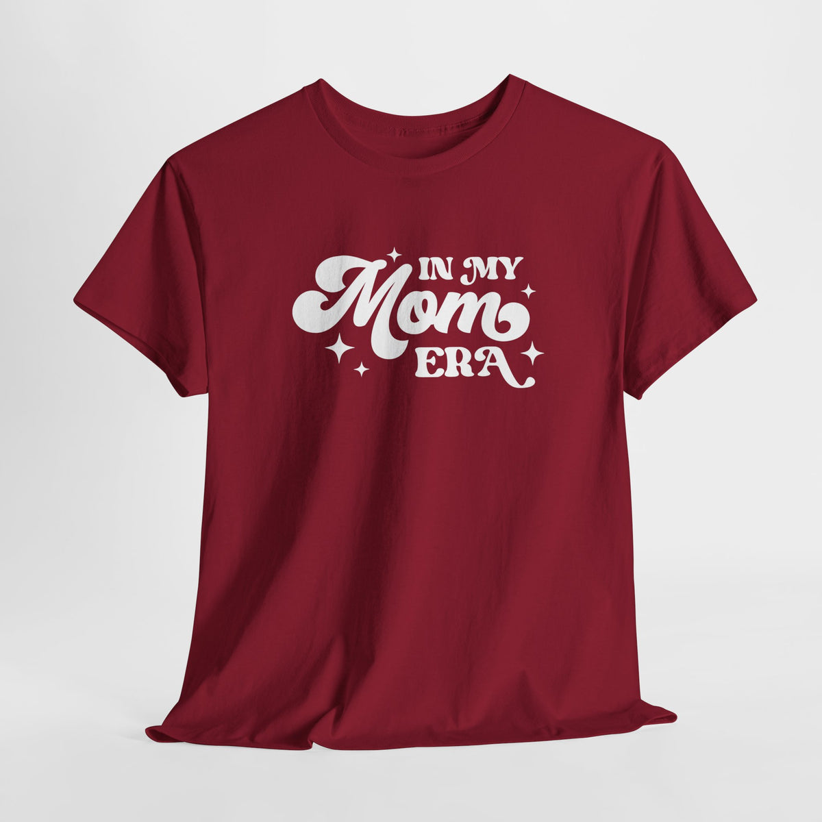 Bordeauxrode oversized T-shirt met ronde hals en witte 'In My Mom Era'-opdruk