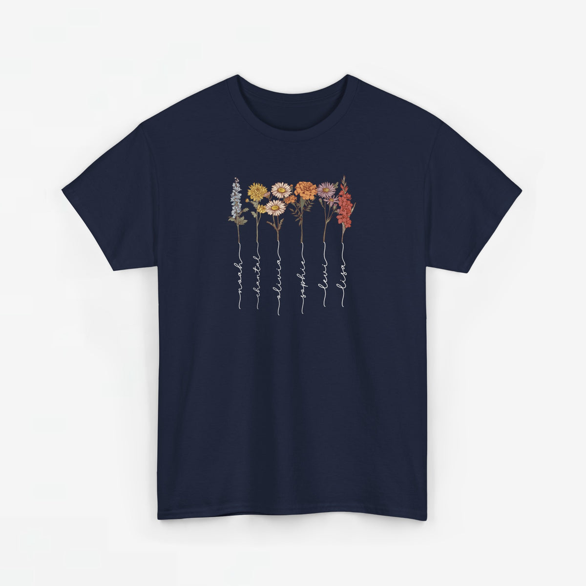 Donkerblauw t-shirt met bloemenprint met lange stelen en witte sierlijke namen