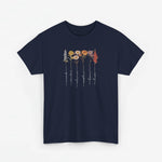 Donkerblauw t-shirt met bloemenprint met lange stelen en witte sierlijke namen