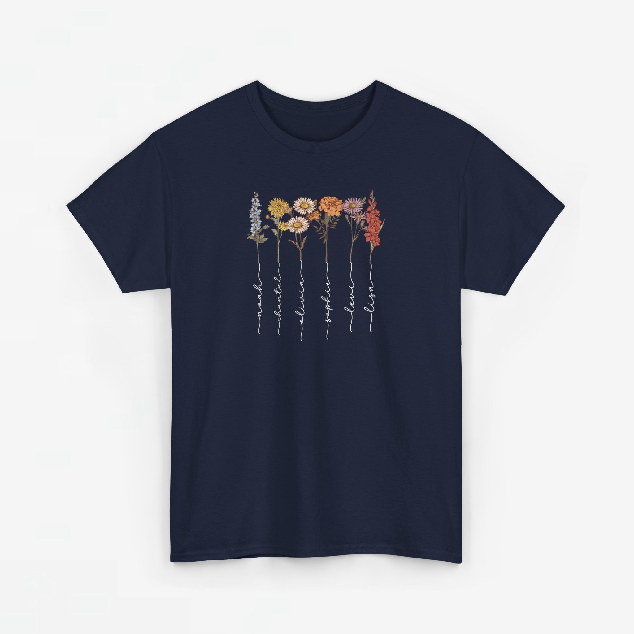 Gepersonaliseerde Moederdag Mama Cadeau - T-shirt - Geboortemaand bloemen met namen (witte tekst)