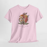Roze T-shirt met bloemenboeketprint op de borst en ondertekst