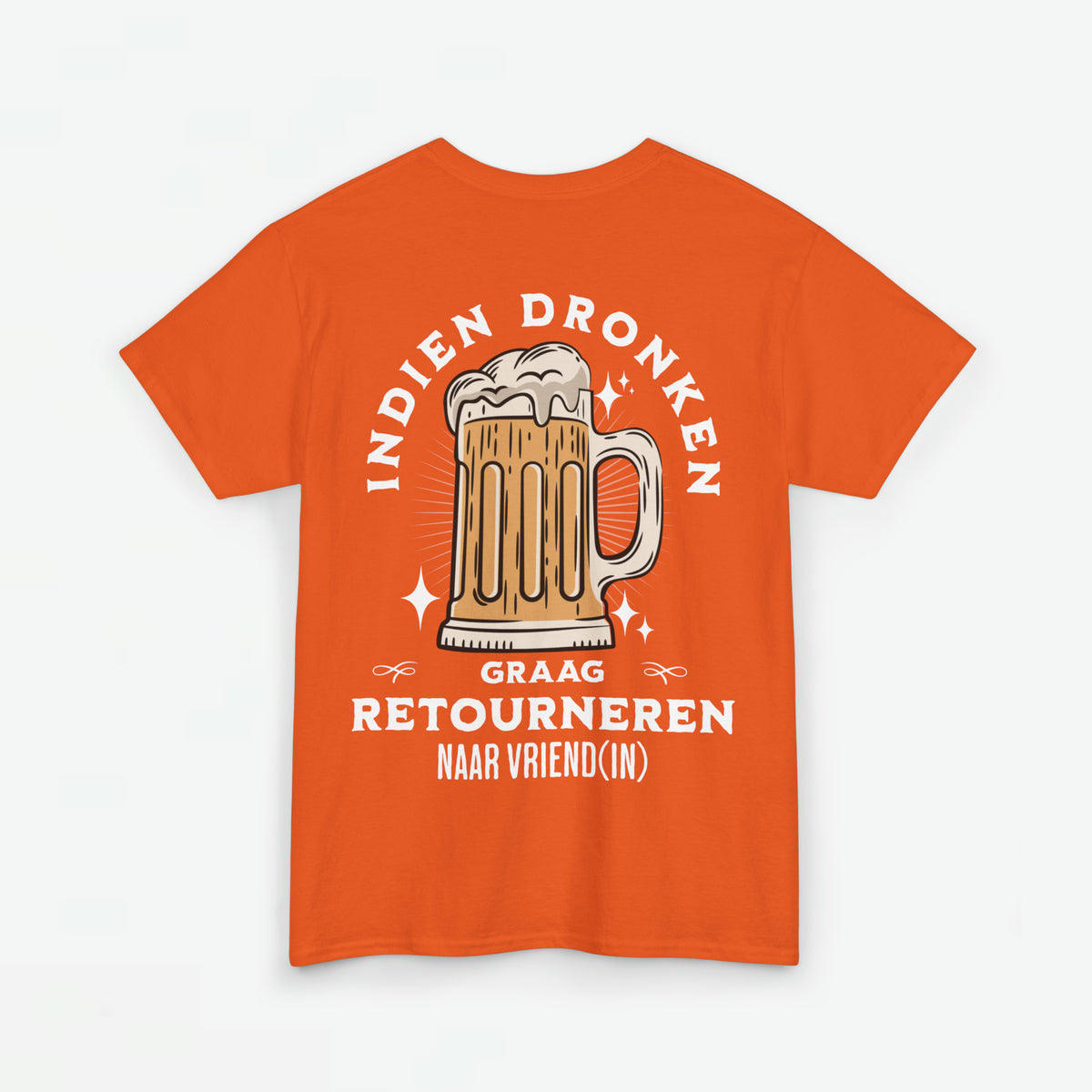 Oranje dames t-shirt met grote biermok-print en tekst op de voorkant
