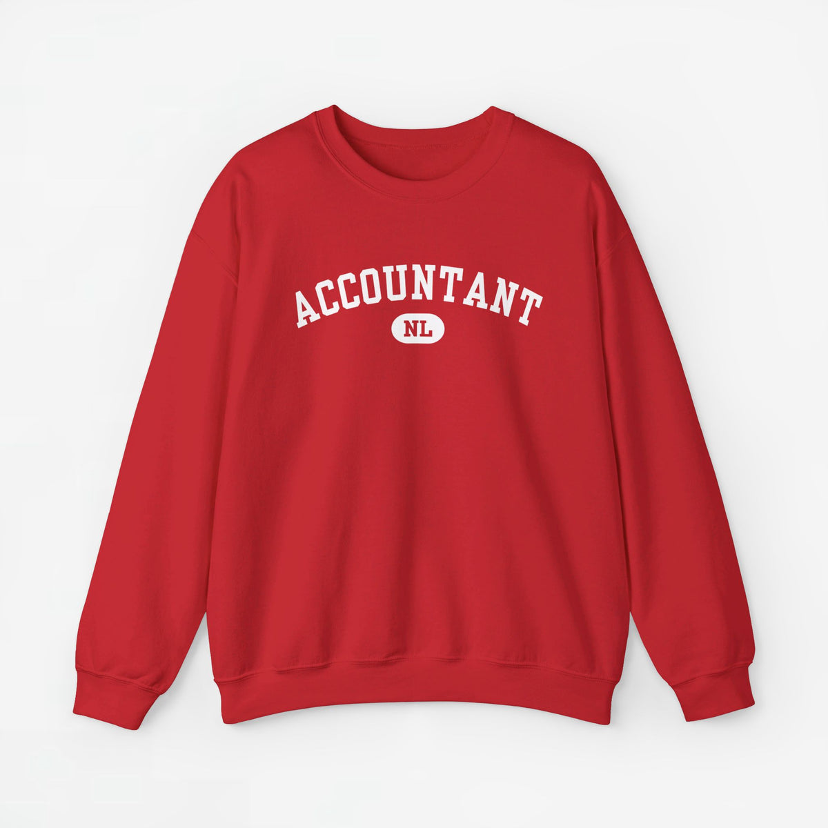 Rode trui met opdruk 'ACCOUNTANT' en rond logo 'NL'.