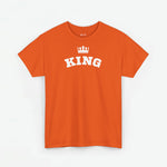 Oranje T-shirt met ronde hals en frontprint “KING” met kroon