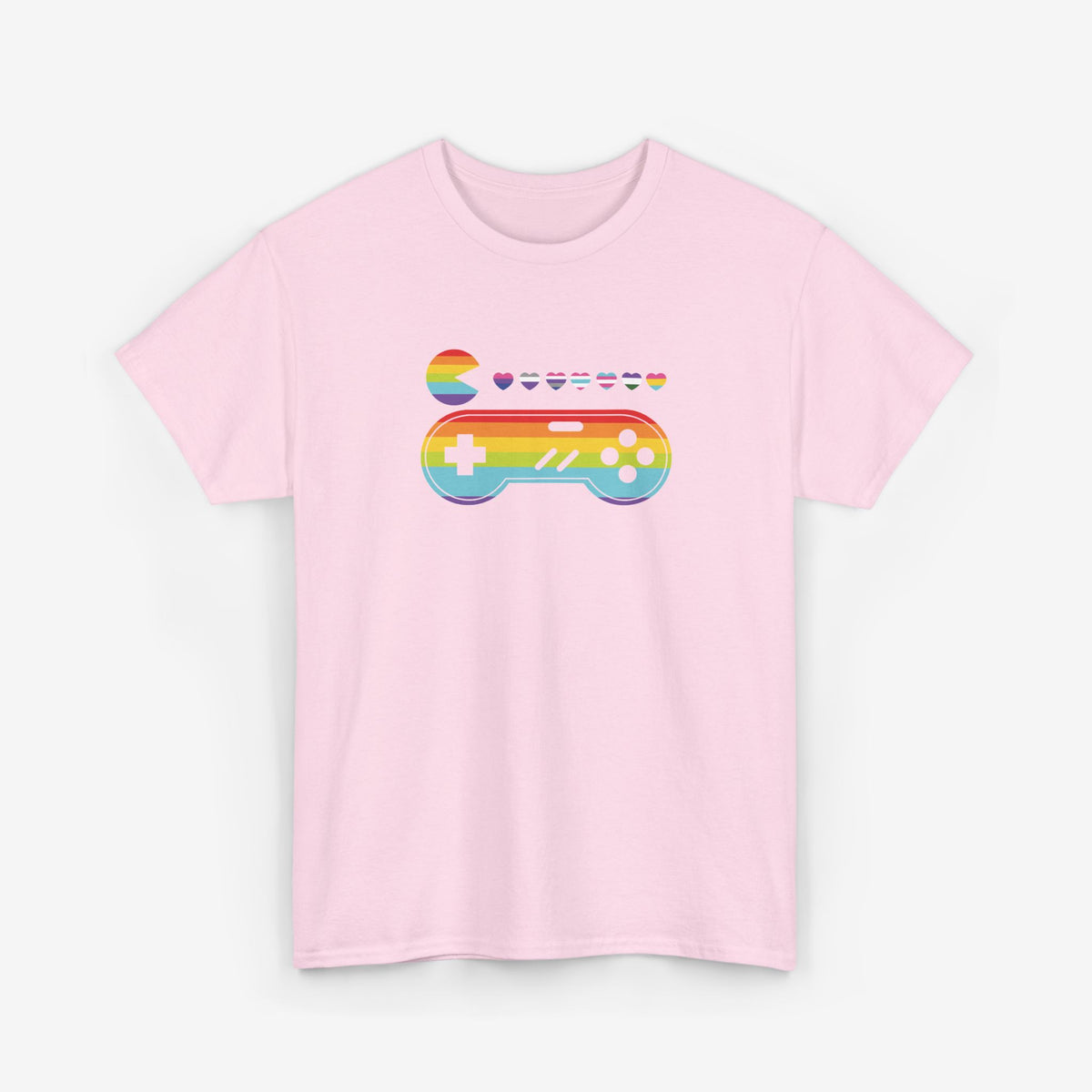 Lichtroze t-shirt met regenboog gamecontroller en kleine hartjes opdruk