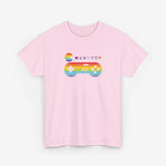 Lichtroze t-shirt met regenboog gamecontroller en kleine hartjes opdruk