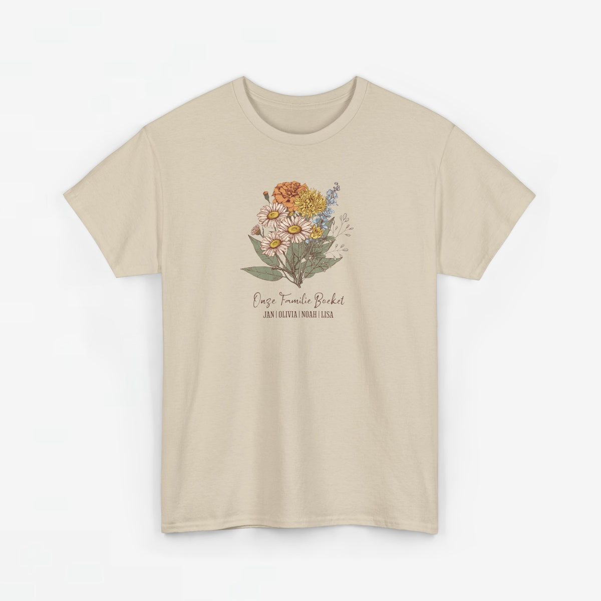 Zandkleurig T-shirt met klein bloemenboeketprint en lichtgekleurde tekst