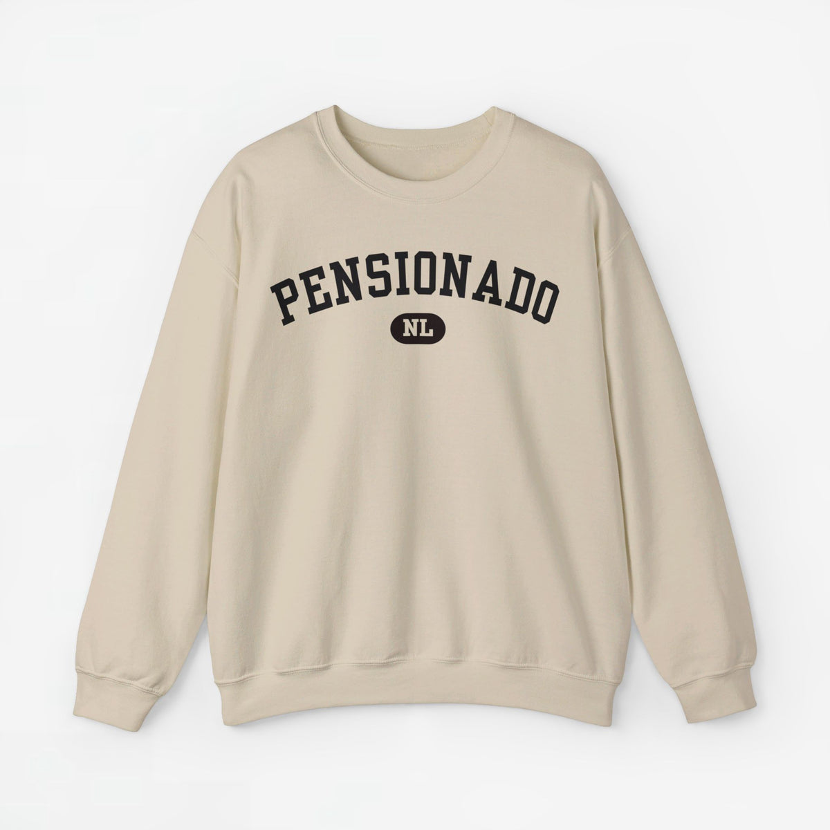 Beige crewneck sweater met lange mouwen en PENSIONADO-print op de borst