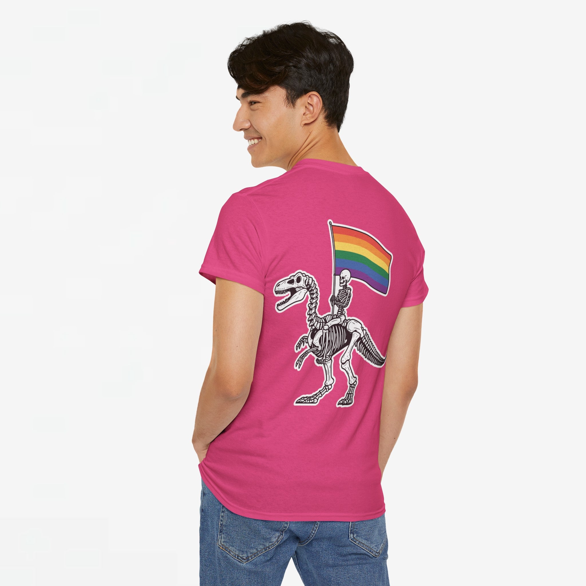 Gay Pride T-shirt - Skelet Dinosaurus Regenboog Pride Vlag - Back Print - Oversized #77