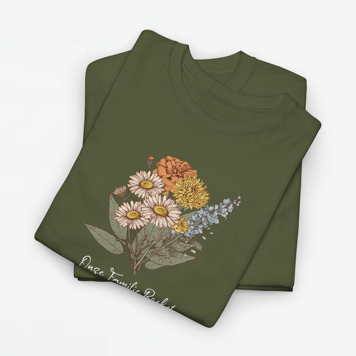 T-shirt legergroen met bloemenboeketprint en sierlijke tekst onderaan