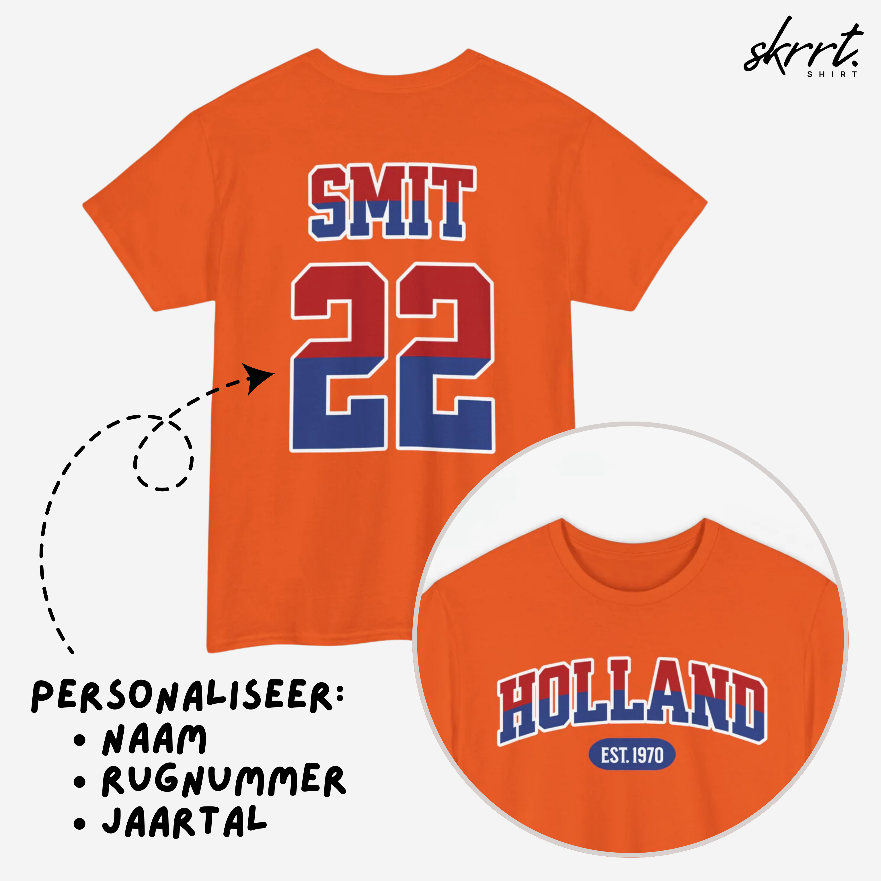 Oranje T-shirt voor EK, WK en Koningsdag - Personaliseer met Naam, Jaar & Rugnummer - HOLLAND (rode en blauwe tekst)
