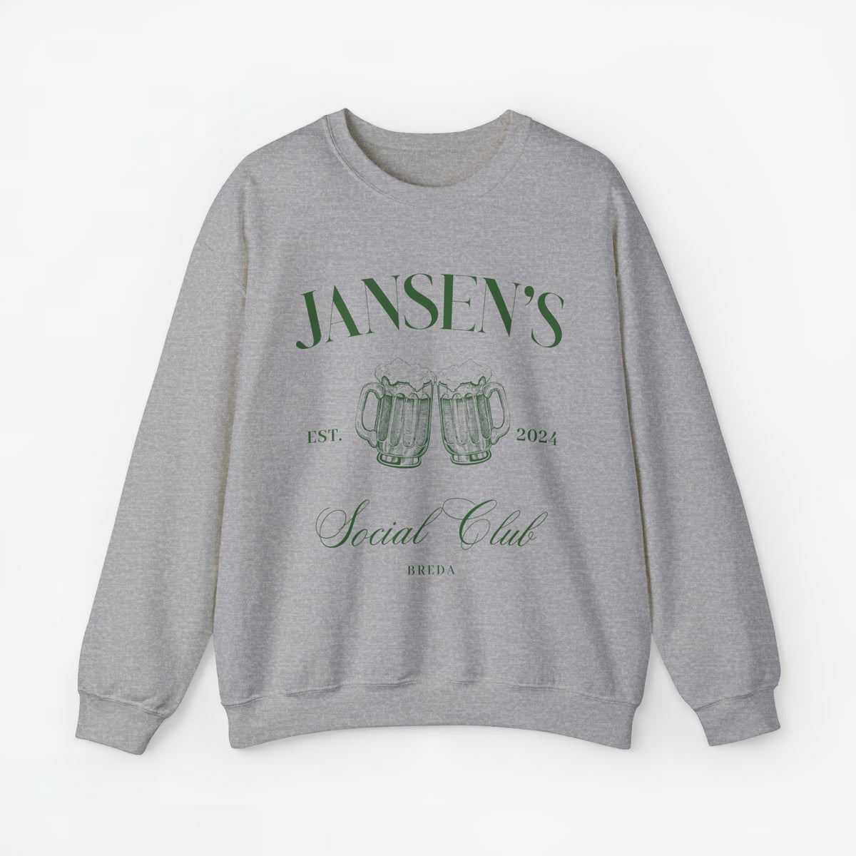 Lichtgrijze sweatshirt met opdruk 'JANSEN'S', bierpullen en 'EST. 2024', ronde hals