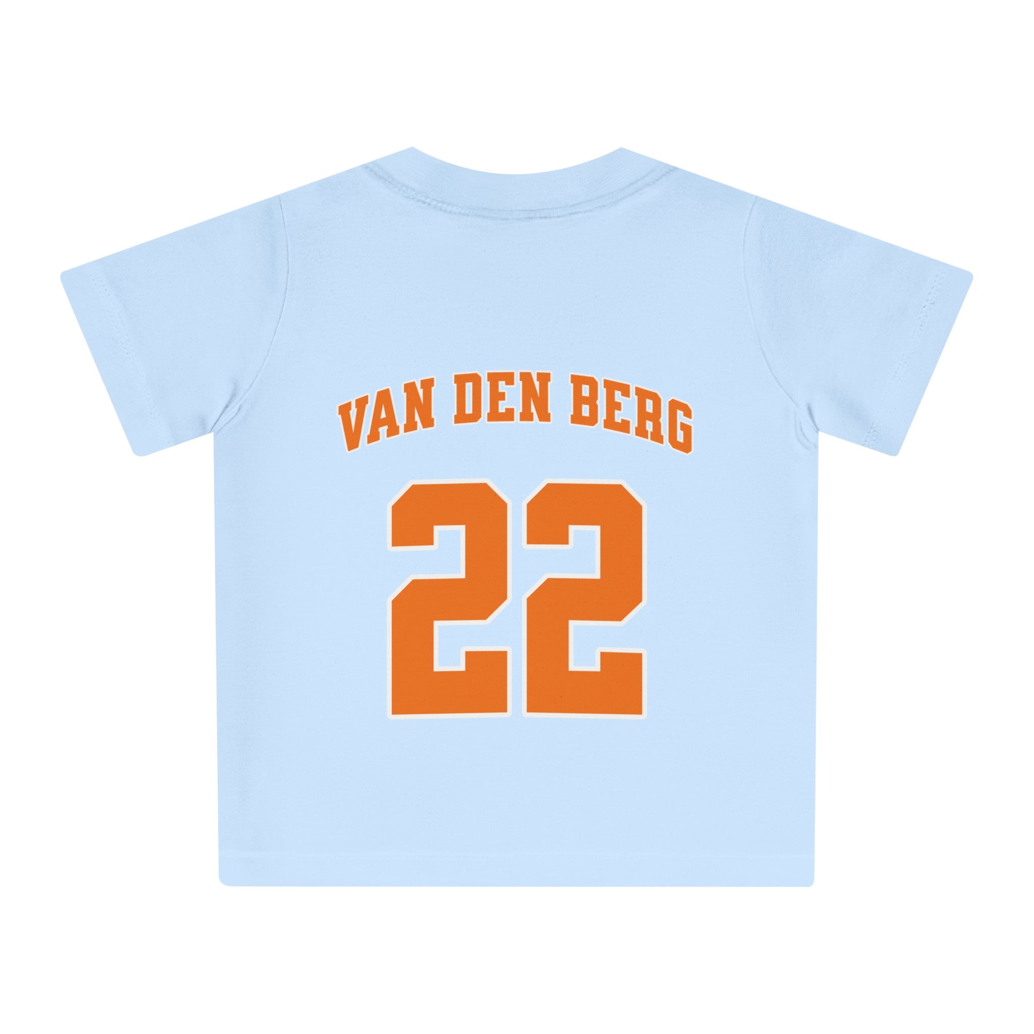 Baby T-shirt voor EK, WK en Koningsdag - Personaliseer met Naam & Rugnummer - ORANJE met Leeuw