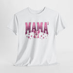 Witte T-shirt met grote “MAMA” print in roze en illustratie van een schattig beertje/katje