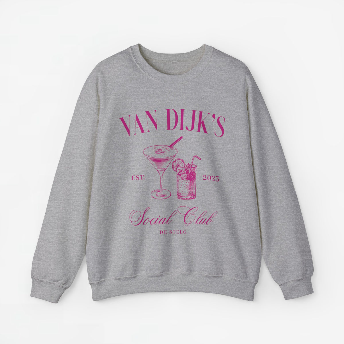 Grijze unisex sweater met paarse opdruk 'Social Club' en cocktailglazen