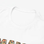 Detail van witte ronde hals en boord van oversized T-shirt