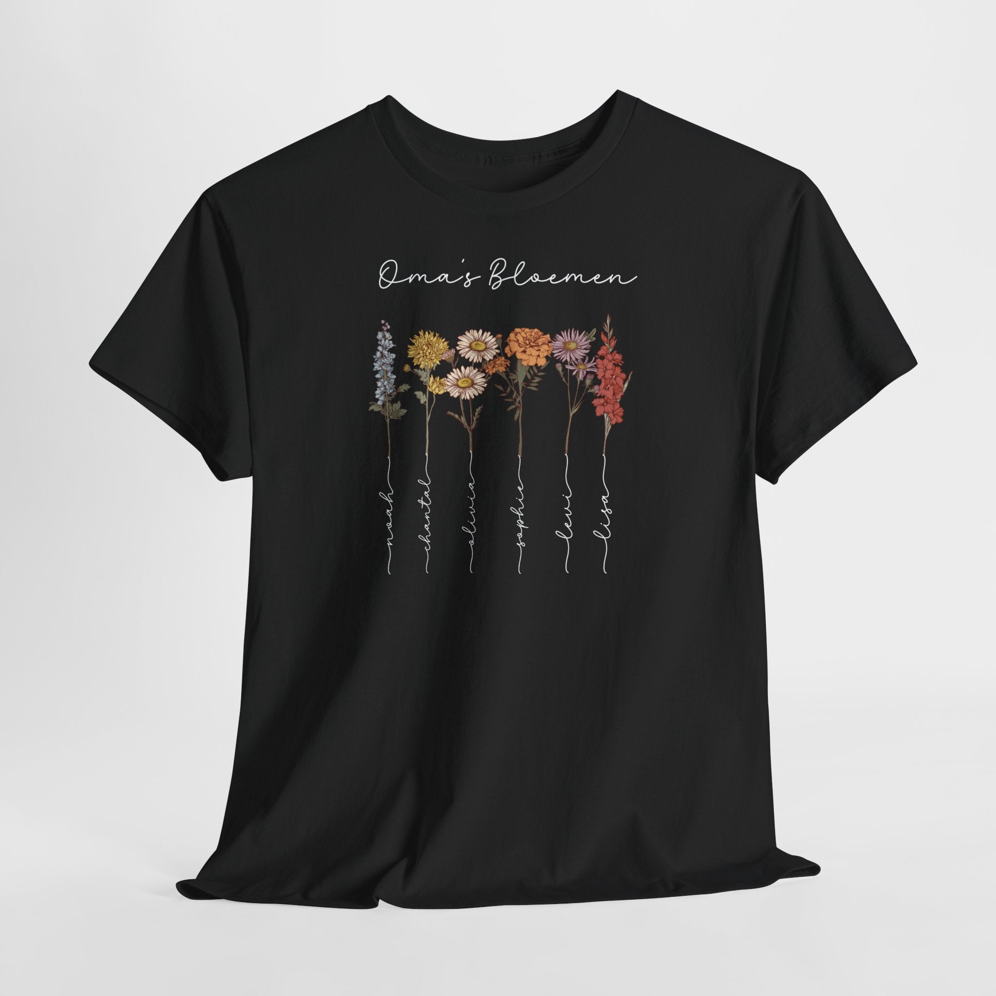Gepersonaliseerde Moederdag Mama Cadeau - T-shirt - Oma's Bloemen met namen en geboortemaand bloemen (witte tekst)