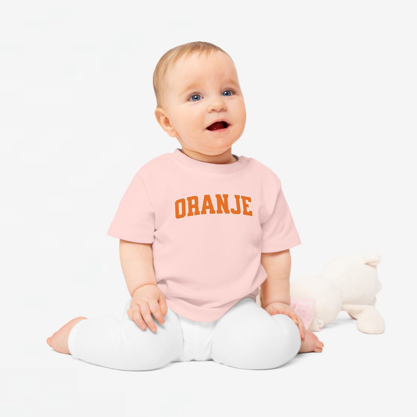 Baby T-shirt voor EK, WK en Koningsdag - ORANJE tekst