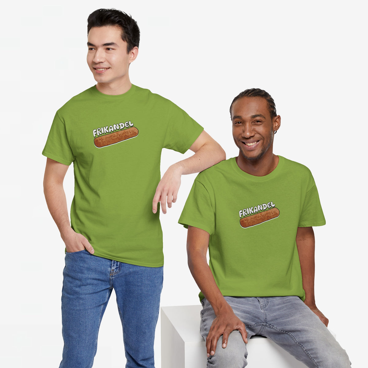 Oversized groen T-shirt met frikandel-frontprint, ronde hals en korte mouwen