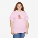 Roze oversize T-shirt met ronde hals en korte mouwen, kleine aardbei-print “Beste Mama”.
