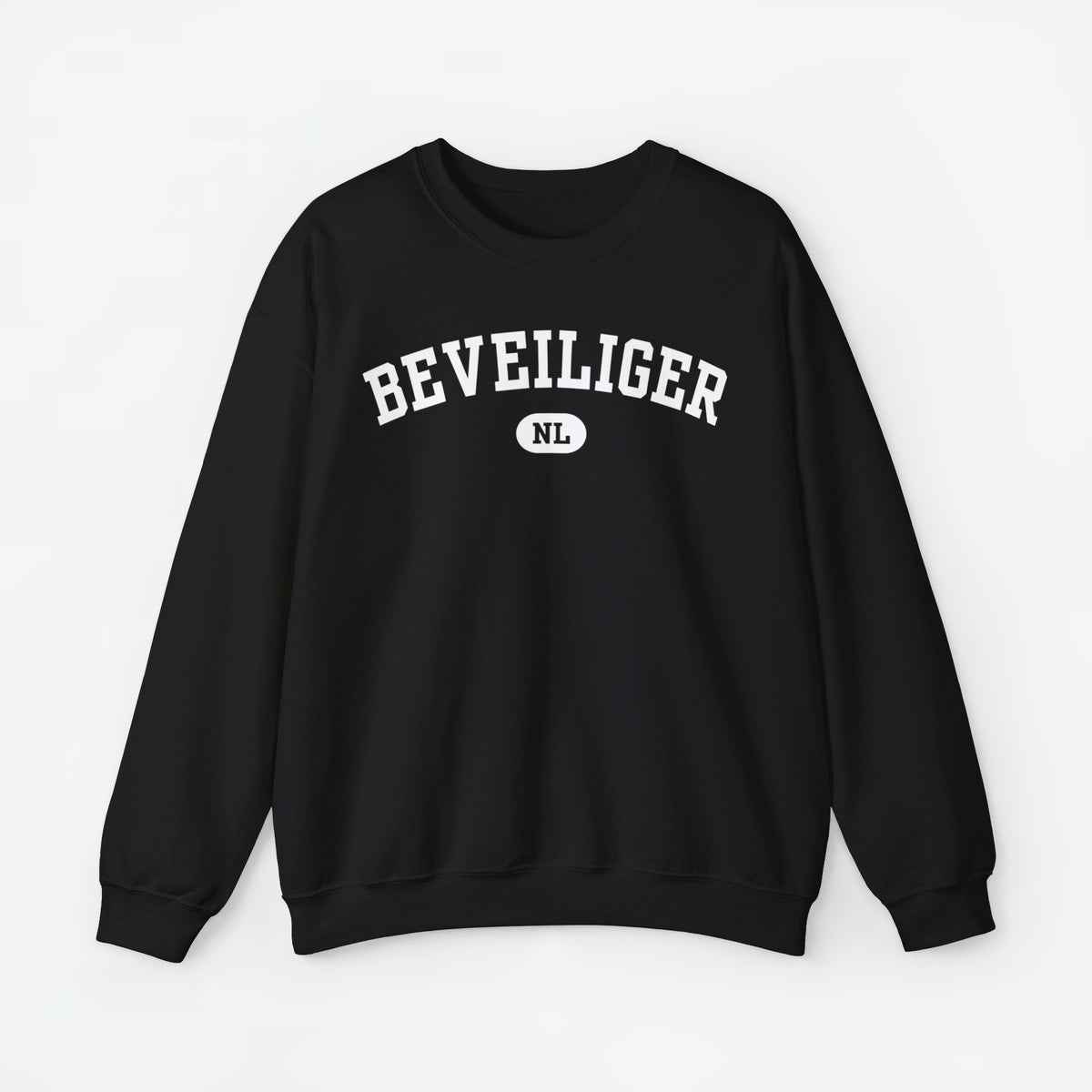 Zwarte trui met ronde hals en BEVEILIGER-print met NL-logo