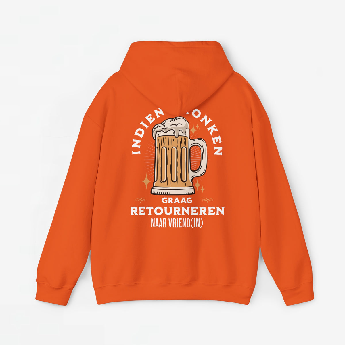 Oranje hoodie met capuchon en backprint van bierglas met tekst 'Retourneren'