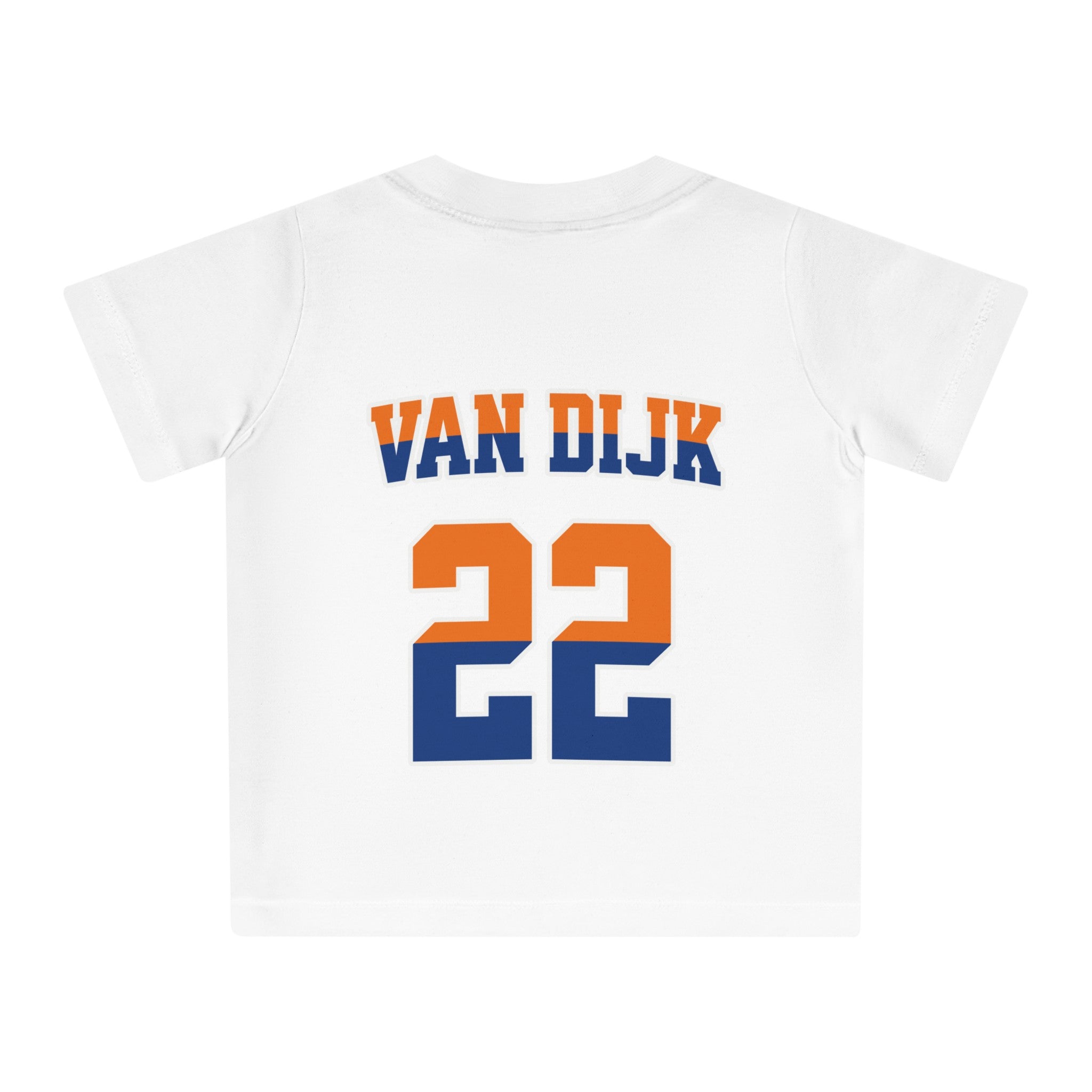 Baby T-shirt voor EK, WK en Koningsdag - Personaliseer met Naam, Jaar & Rugnummer - HOLLAND (oranje en blauwe tekst)