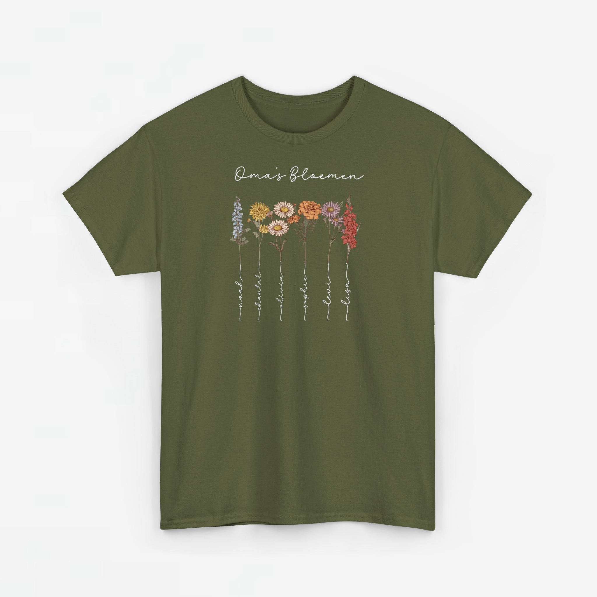 Gepersonaliseerde Moederdag Mama Cadeau - T-shirt - Oma's Bloemen met namen en geboortemaand bloemen (witte tekst)