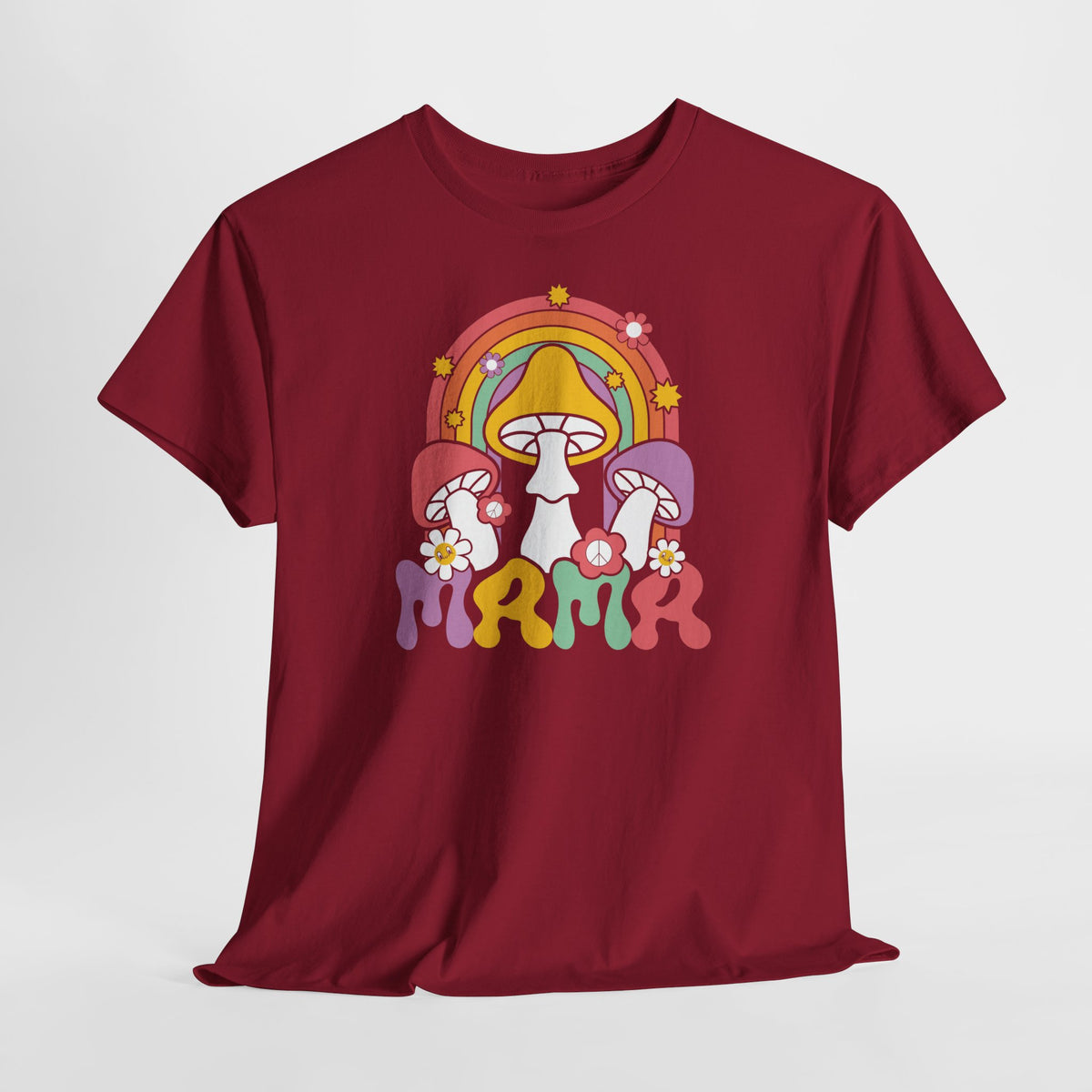 Oversized T-shirt bordeaux met paddenstoelenprint en regenboogboog