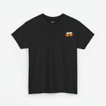 Zwart heren T-shirt met klein oranje biersymbool op de borst