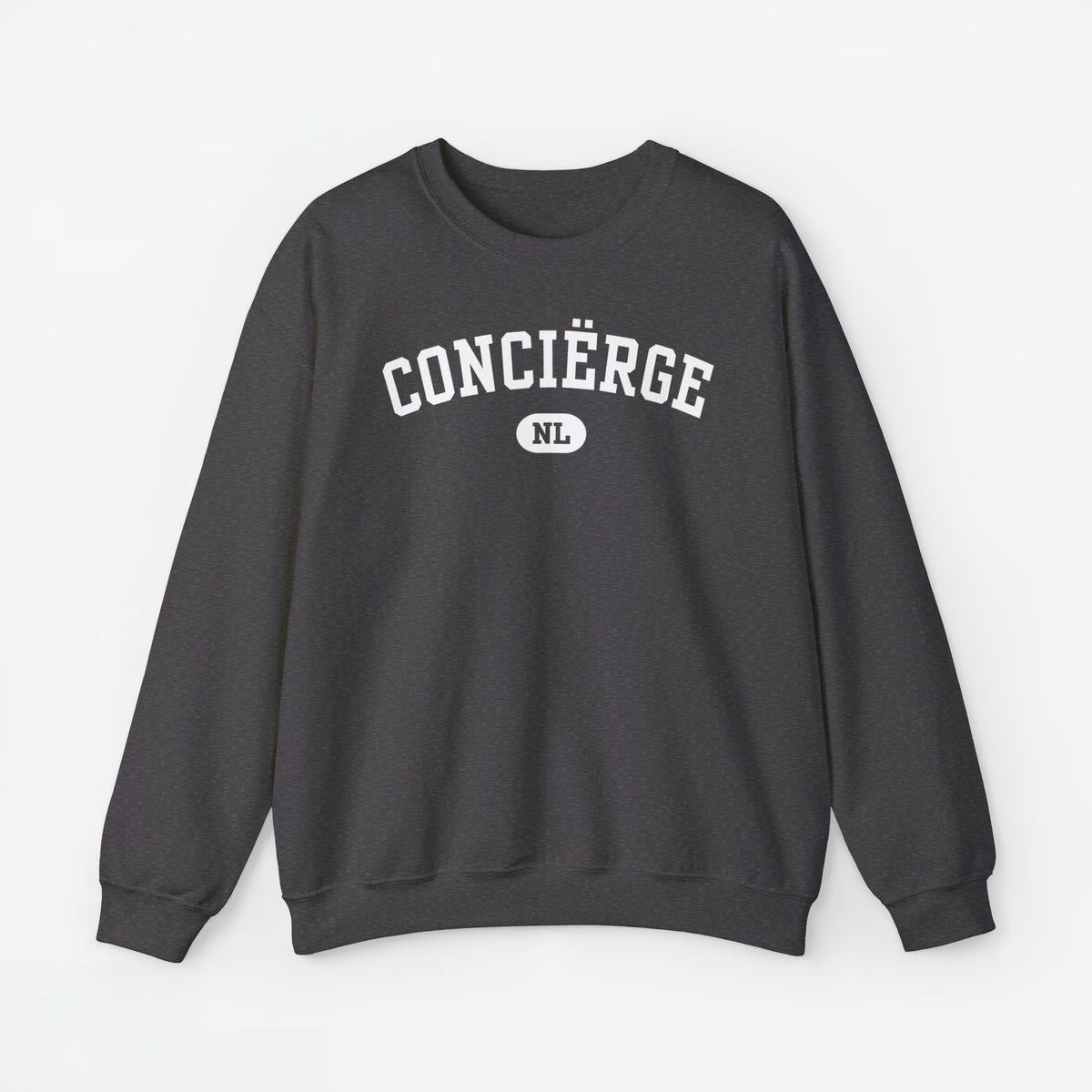 Donkere grijze crewneck sweater met witte 'CONCIËRGE' en klein 'NL'-logo